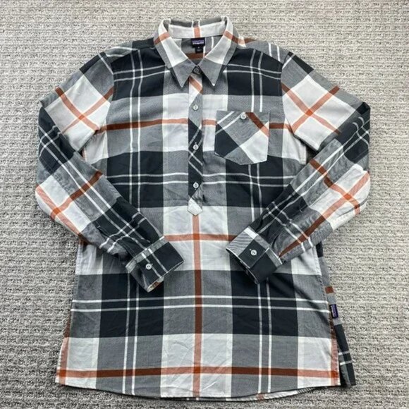 Patagonia Shirt Women Adult Medium M Gray Plaid 1/2 Half Button Up Long Sleeve - Picture 1 of 15